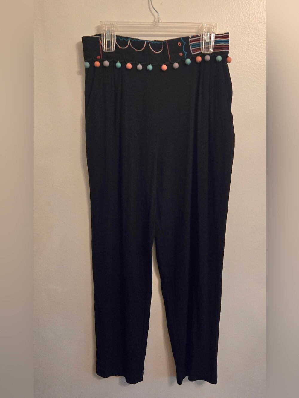 Vintage A.K.F. New York Black Crinkle Rayon Pants High Waist Wood Beads  Large